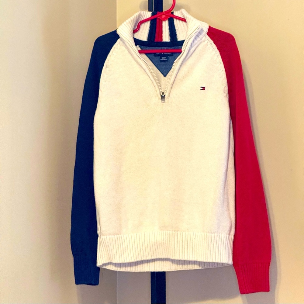 Tommy Hilfiger Red and Blue Color-Block Sweater